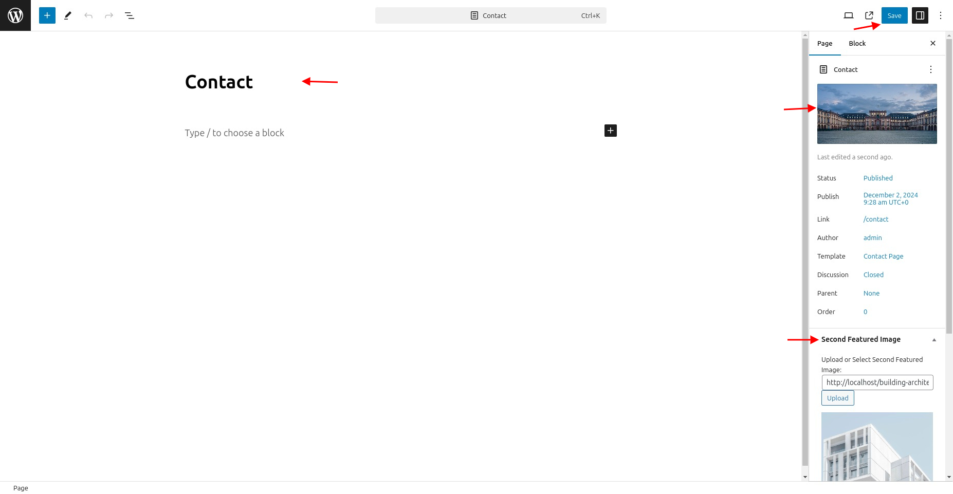 select Contact Page template